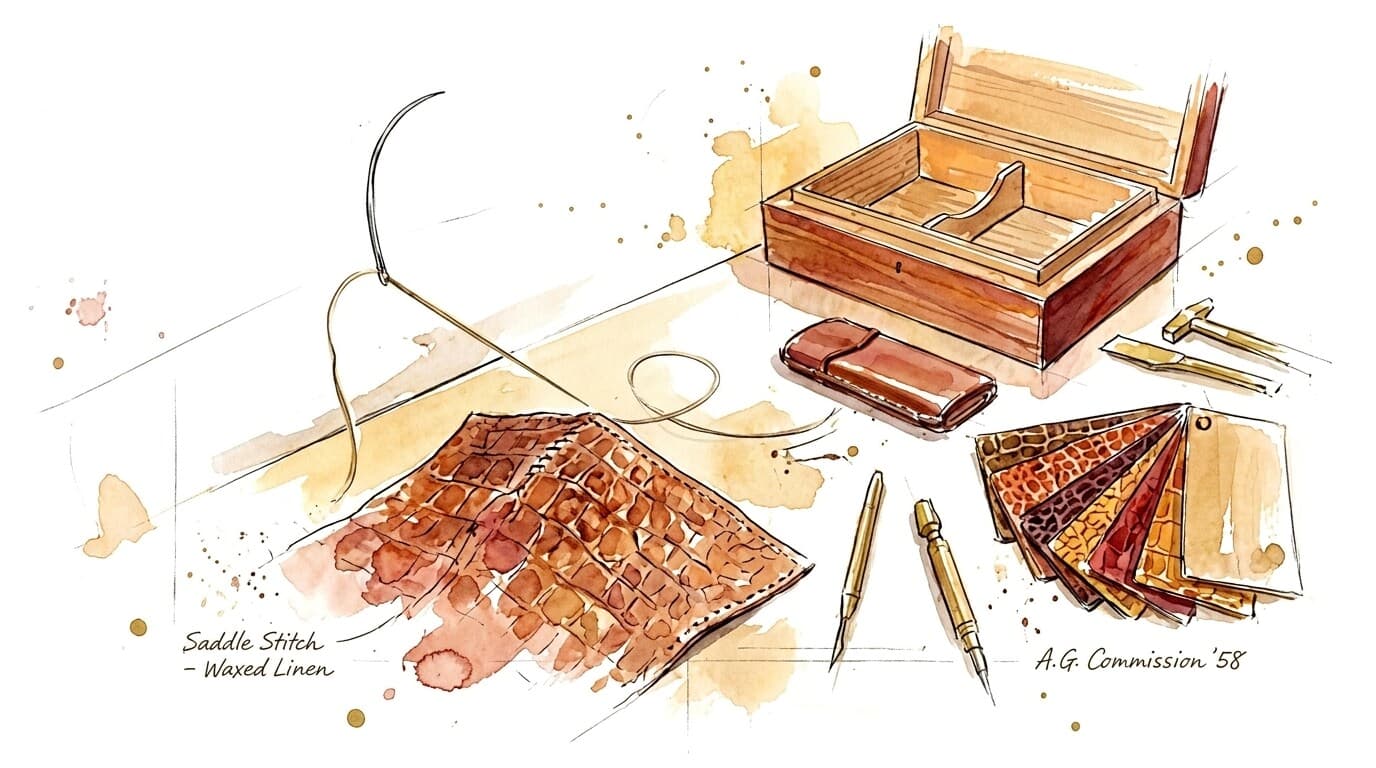 Painted atelier still life — a crocodile-leather panel mid saddle-stitch on the bench, with an open humidor, leather swatches and tools