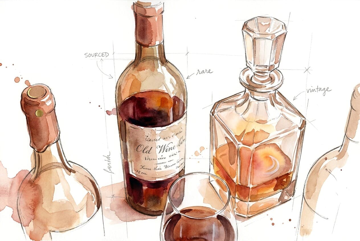 Painted still life — rare wine, a crystal decanter and a poured glass
