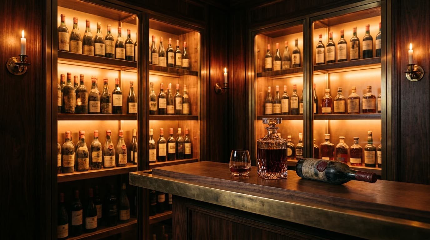The Eterno cellar — backlit shelves of rare wines and spirits