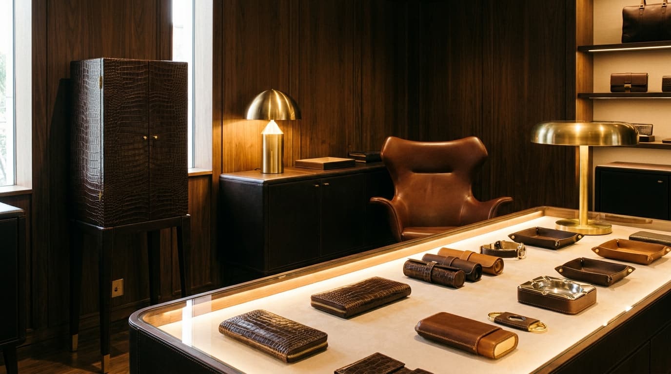Inside the Eterno boutique — humidor cabinets, leather furnishings and accessories on display