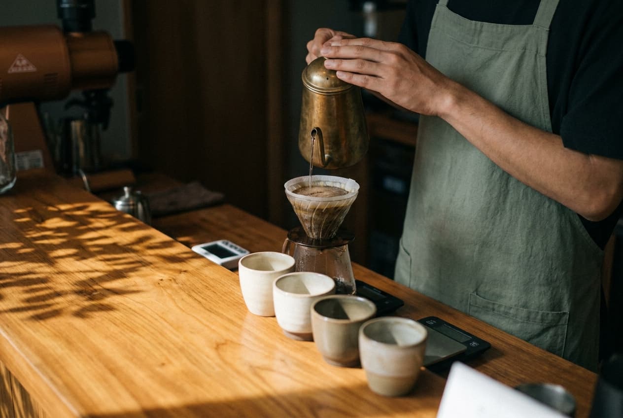 A barista pouring at the Ryoko omakase counter