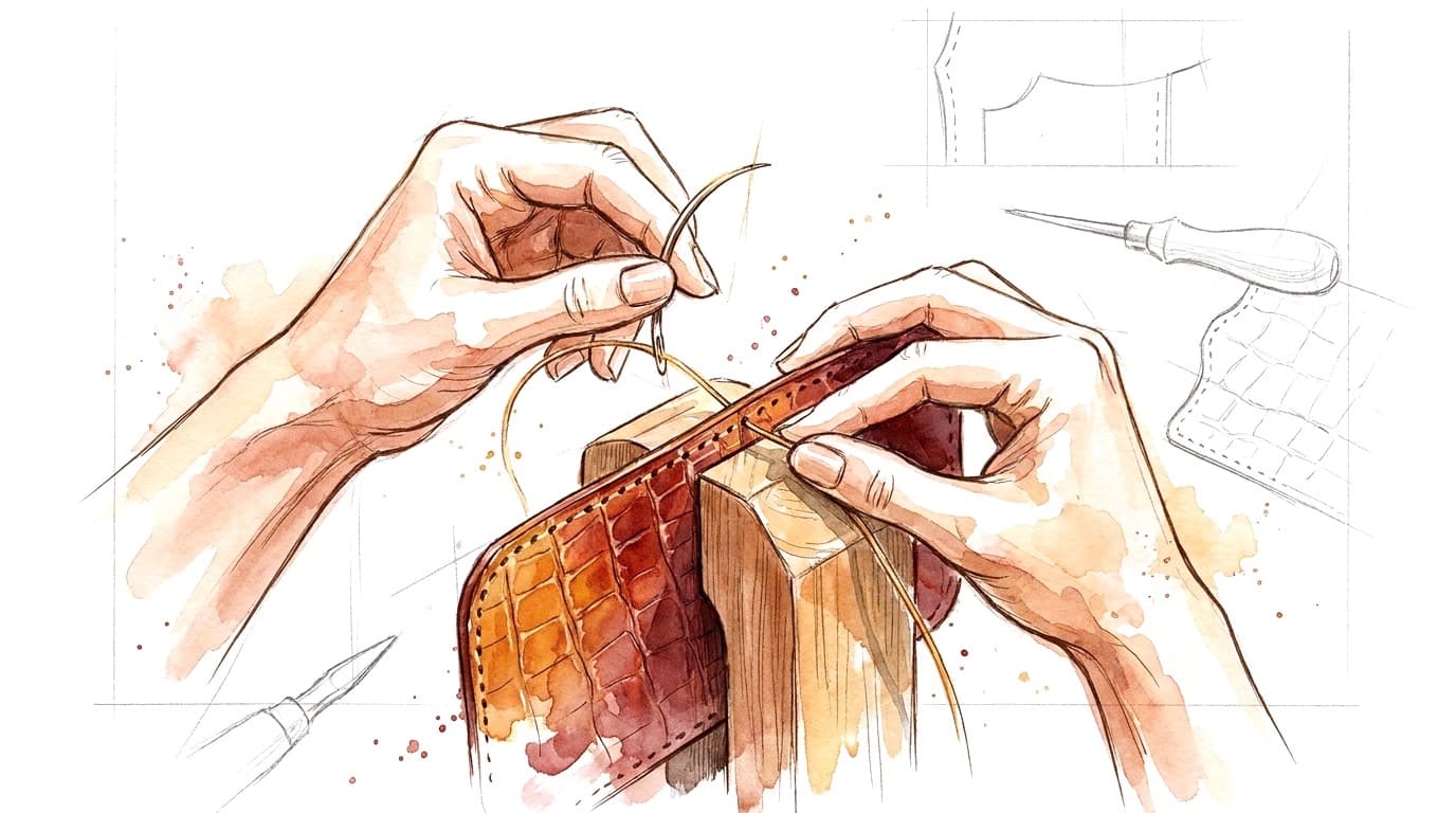 A master's hands hand-stitching crocodile leather